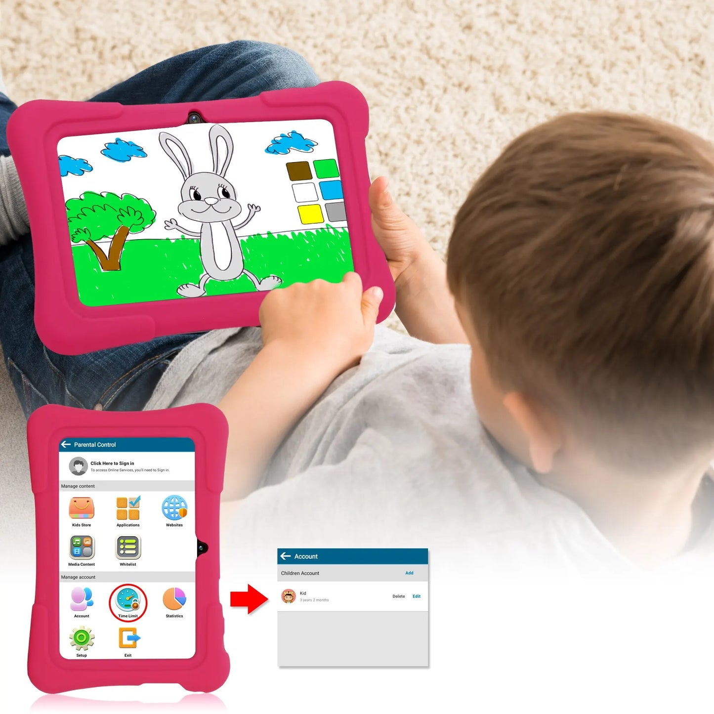 Tablet para niños de 7 pulgadas Quad Core Android 10 32GB WiFi Bluetooth software educativo instalado