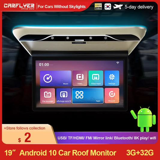 19'' Android 10.0 Car Monitor 2+32G Roof HD 1080P Monitor IPS Screen Support 8K Playback Mirror Link/HDMI/USB/TF/FM/For Car