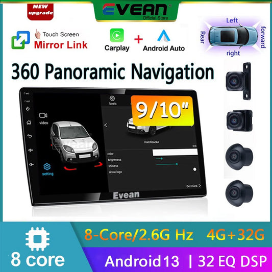 Evean Android 13 Radio Player with 360 Panoramic Camera System, Vehicle GPS, Allows Split Screen, 4G Signal, 32G, Octa Core, Wireless, Carplay, 2 Din