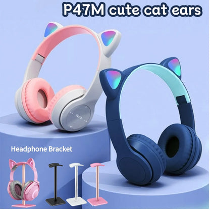 Auriculares inalámbricos con orejas de gato para niños y adultos, cascos compatibles con Bluetooth, graves estéreo, sobre la oreja, Auriculares deportivos