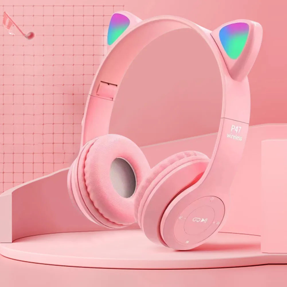 Auriculares inalámbricos con orejas de gato para niños y adultos, cascos compatibles con Bluetooth, graves estéreo, sobre la oreja, Auriculares deportivos