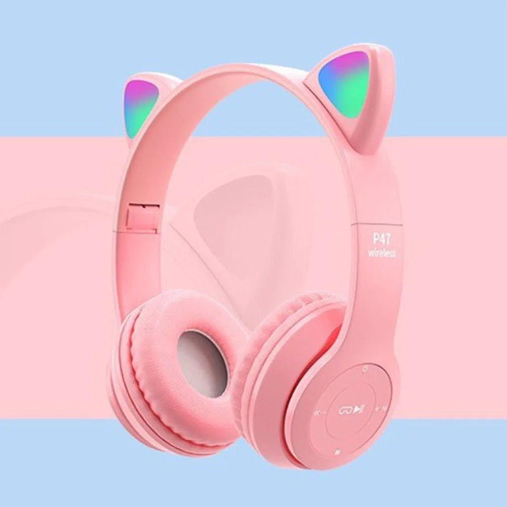 Auriculares inalámbricos con orejas de gato para niños y adultos, cascos compatibles con Bluetooth, graves estéreo, sobre la oreja, Auriculares deportivos