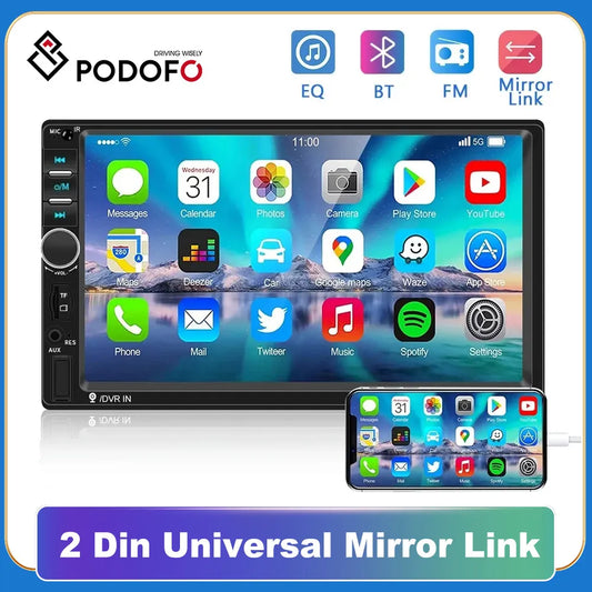 Podofo 2 din vehicle player 7" HD multimedia MP5 Bluetooth USB TF FM Mirrorlink 