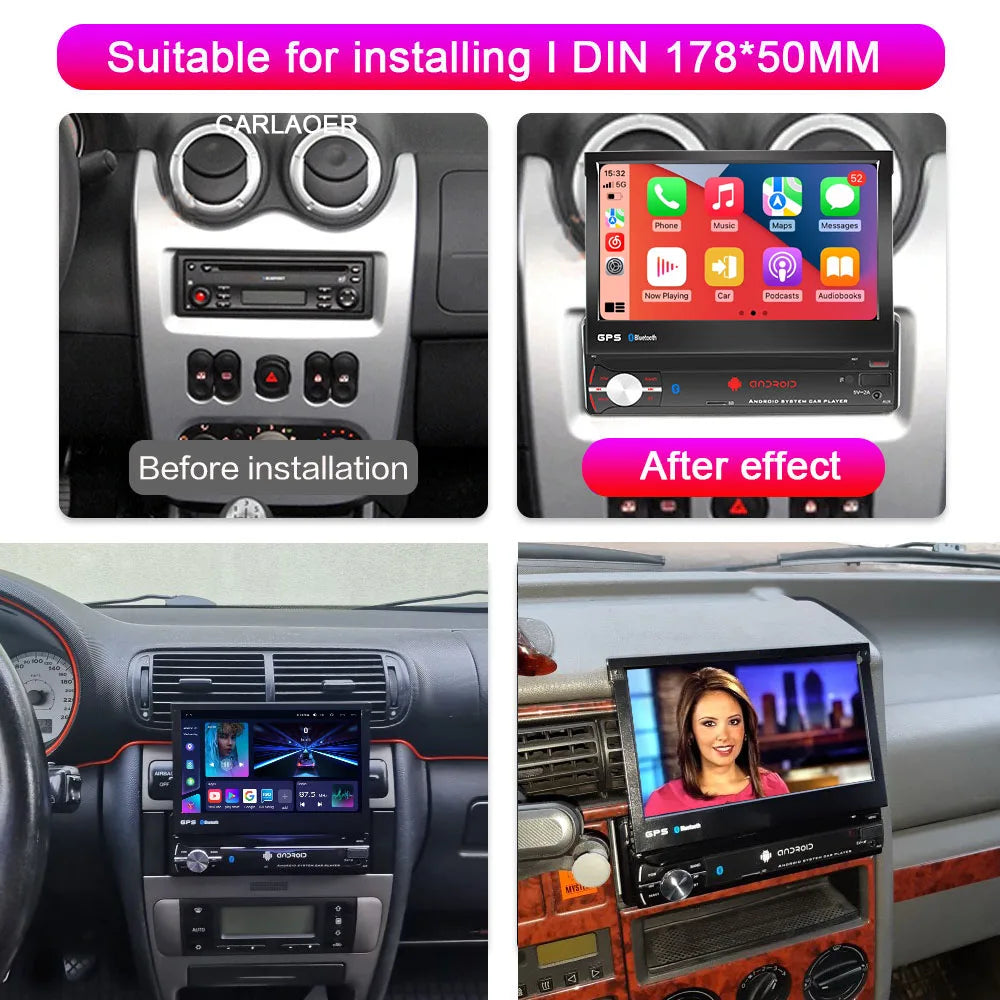 1din Car Radio CarPlay Auto GPS Navigation IPS Retractable Screen 1 Din Android Multimedia Player Universal Audio Video No DVD